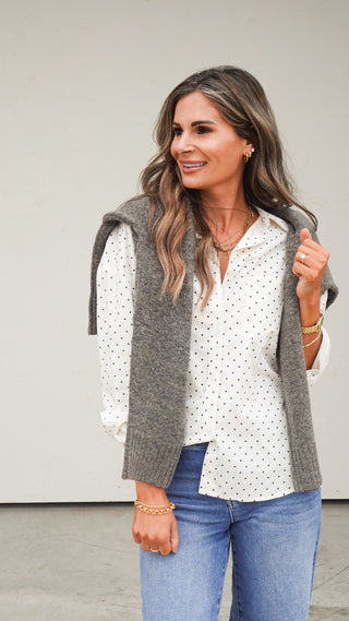 White Polka Dot Button-Down Shirt