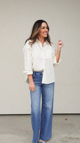 White Polka Dot Button-Down Shirt