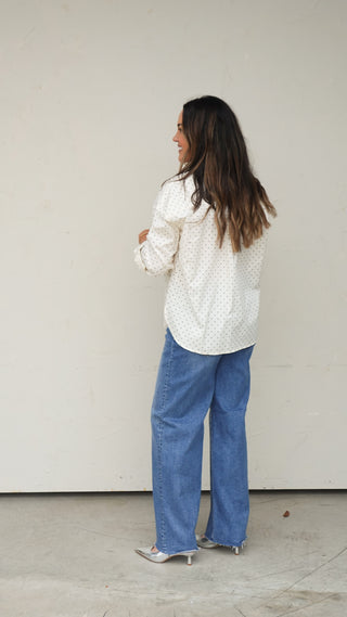 White Polka Dot Button-Down Shirt