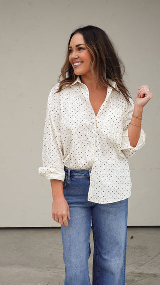 White Polka Dot Button-Down Shirt