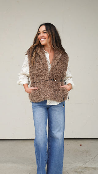 Mocha Belted Faux Fur Vest