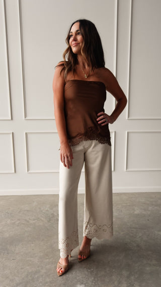 Mocha Strapless Satin Top with Lace