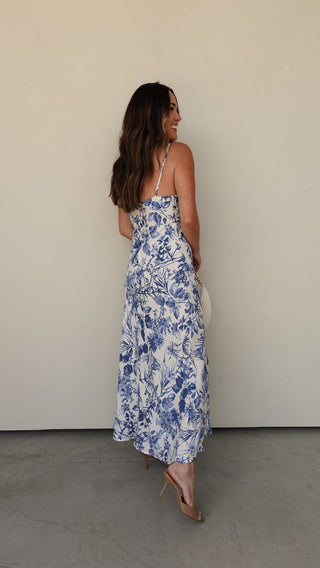 Blue/Ivory Floral Midi Dress with Front-Tie - Small