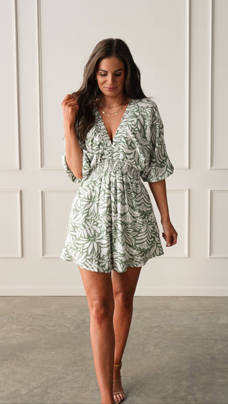 Green Patterned V-Neck Romper