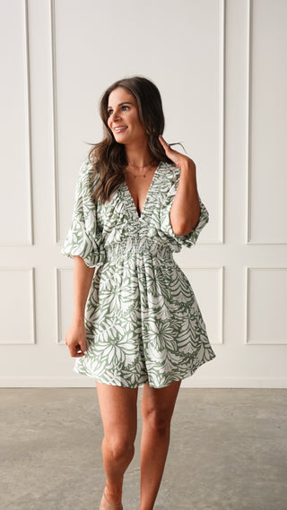 Green Patterned V-Neck Romper