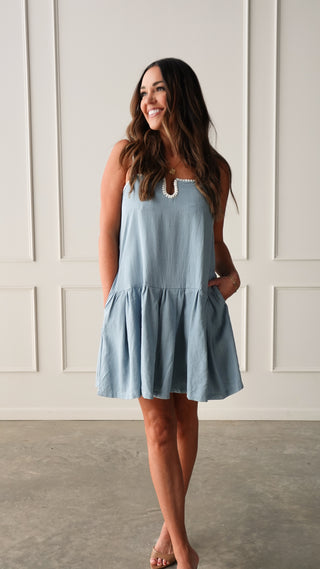 Denim Dress with White Stitching