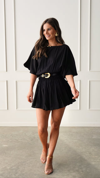 Black Flowy Short Sleeve Romper