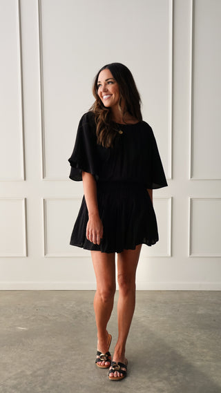 Black Flowy Short Sleeve Romper