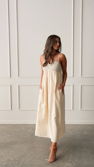 Sand Top-Stitch Midi Dress