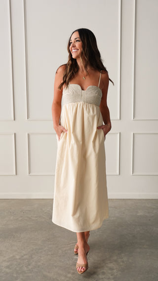 Sand Top-Stitch Midi Dress