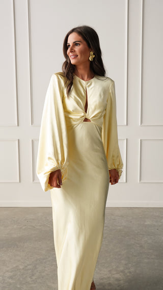 Yellow Long Sleeve Satin Dress