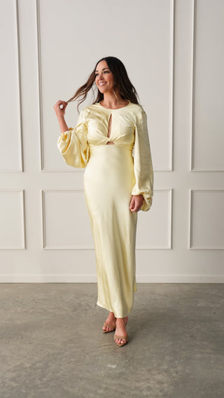 Yellow Long Sleeve Satin Dress