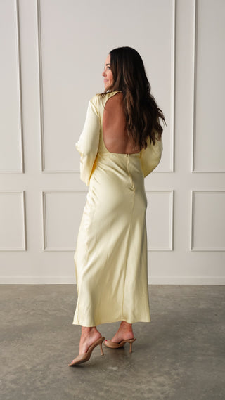 Yellow Long Sleeve Satin Dress