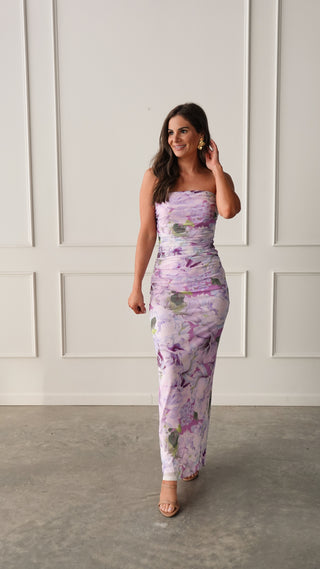 Purple Floral Strapless Dress