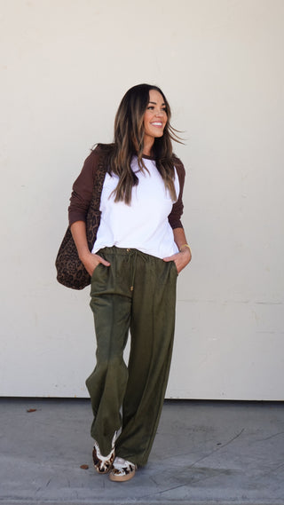 Olive Suede Drawstring Pants