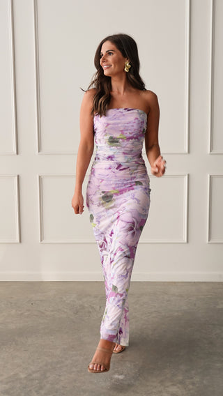 Purple Floral Strapless Dress