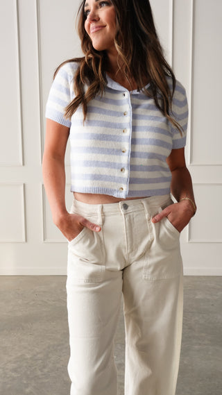Light Blue Striped Cropped Cardigan