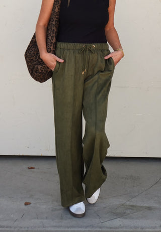 Olive Suede Drawstring Pants