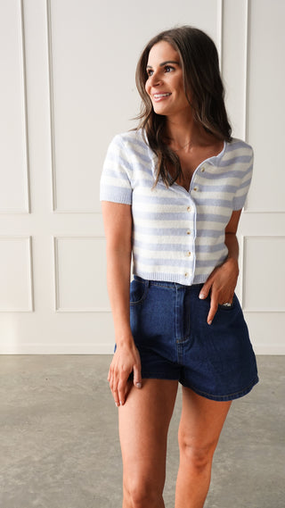 Light Blue Striped Cropped Cardigan