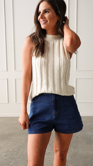 Cream Mock Neck Ribbed Knit Tank