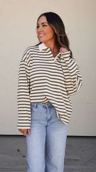 Cream/Olive Striped Rugby Shirt