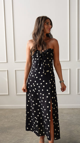 black dress polka dots Black Polka Dot Strapless Dress