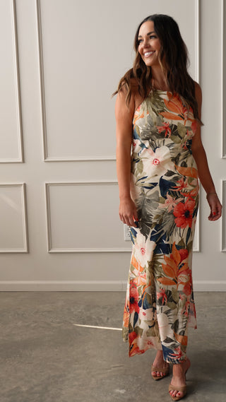 High-Neck Floral Linen Maxi Dress