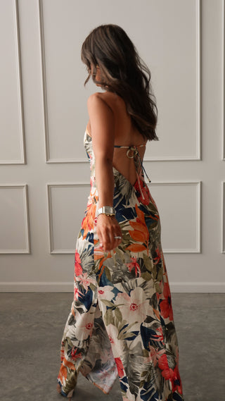 High-Neck Floral Linen Maxi Dress