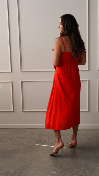 Red Midi Dress with Buttons