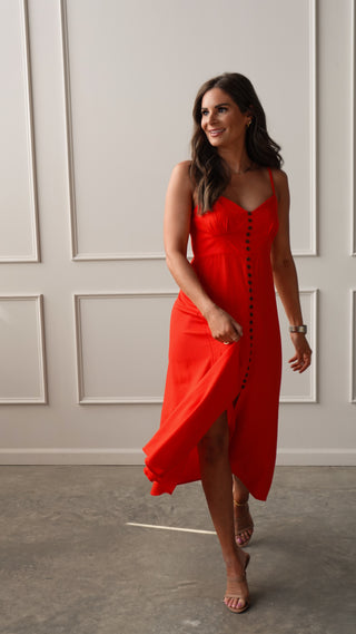 Red Midi Dress with Buttons