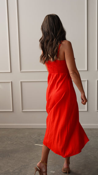 Red Midi Dress with Buttons