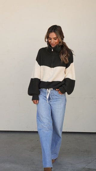 Olive/Cream Striped Half-Zip Sweater