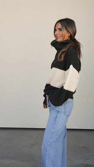 Olive/Cream Striped Half-Zip Sweater