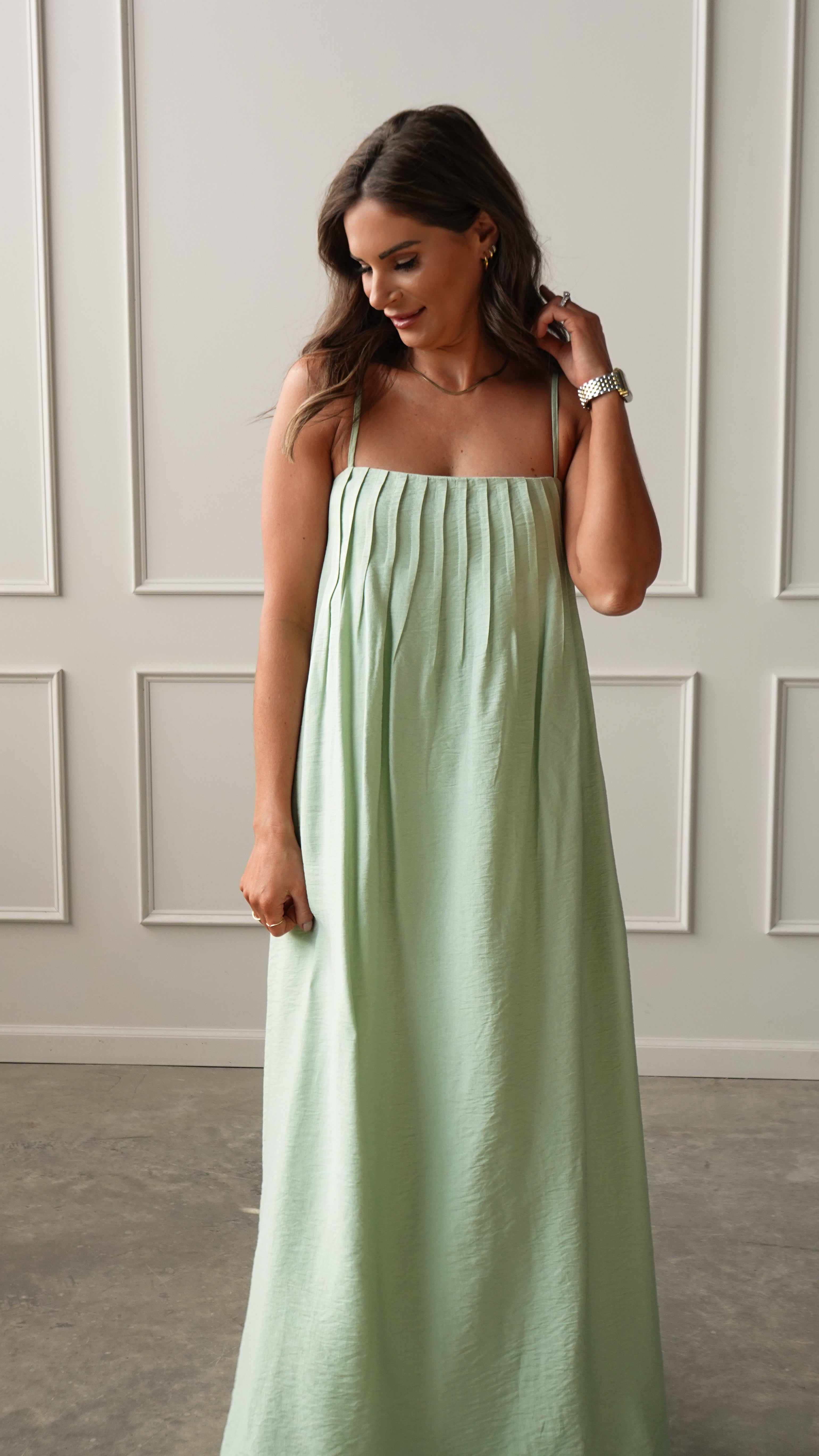maxi dress description Mint Pleated Maxi Dress