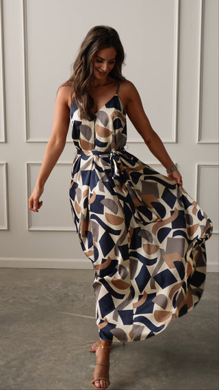 Navy/Taupe Geometric Belted Dress