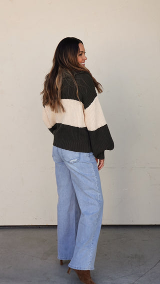 Olive/Cream Striped Half-Zip Sweater