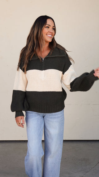 Olive/Cream Striped Half-Zip Sweater