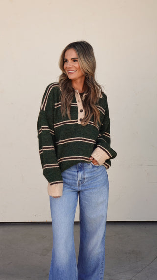 Hunter Green Striped Polo Sweater