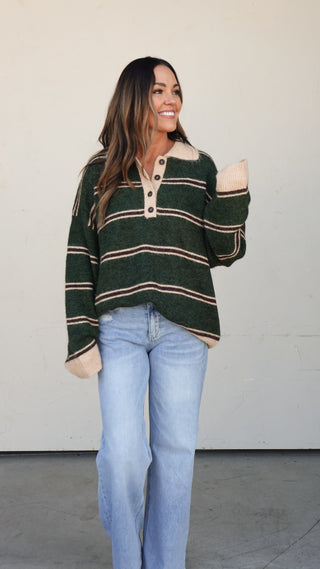 Hunter Green Striped Polo Sweater