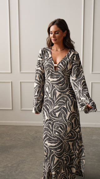 Midnight Palm Long Sleeve Dress