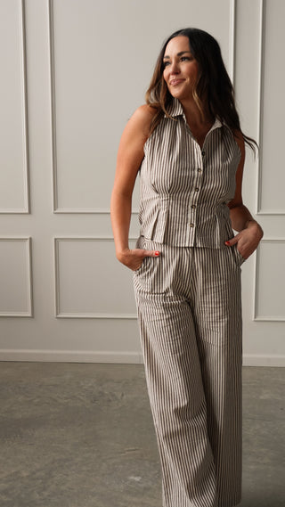 Brown Striped Sleeveless Button-Down
