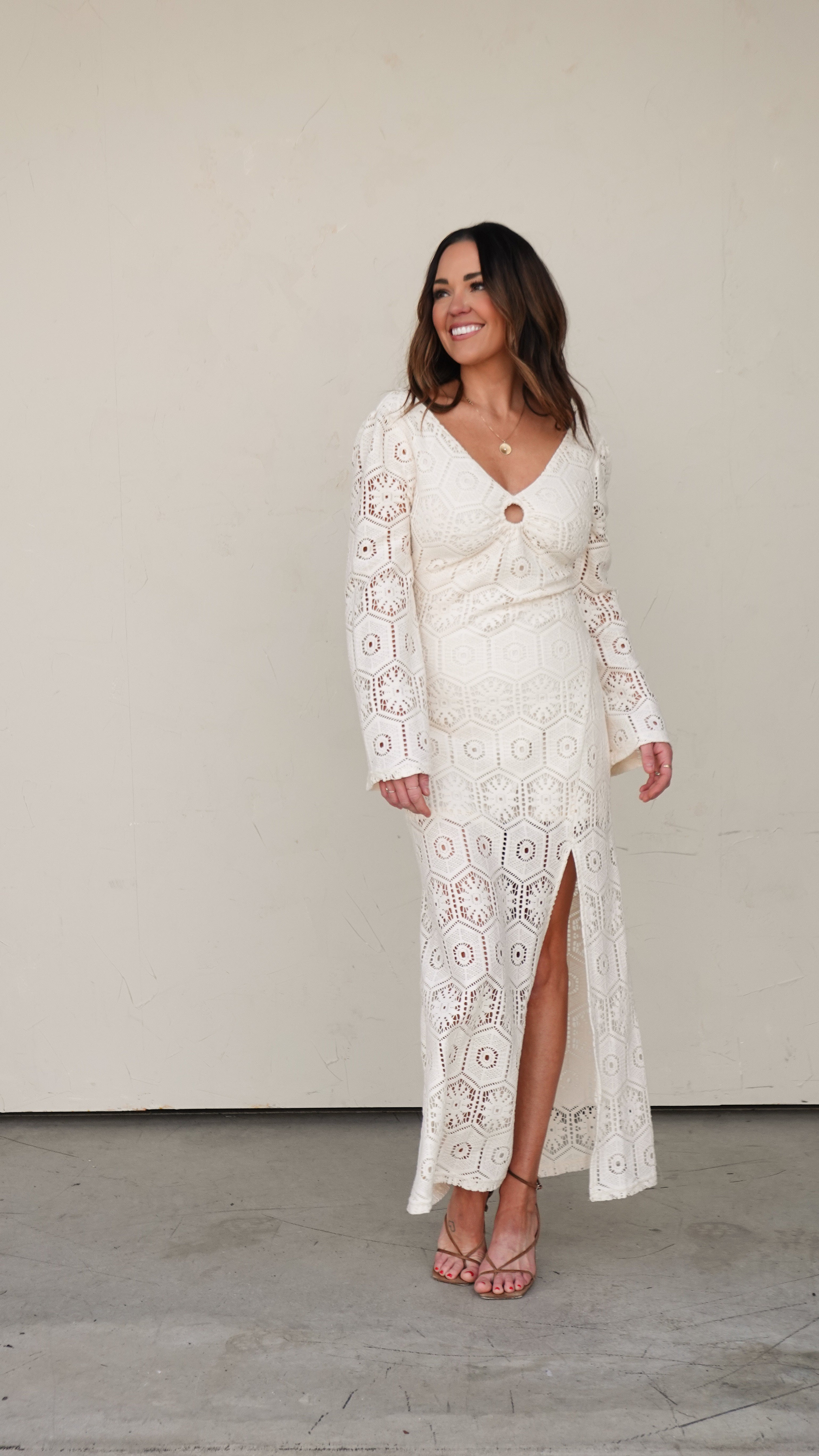 Ivory Crochet Long-Sleeve Maxi Dress