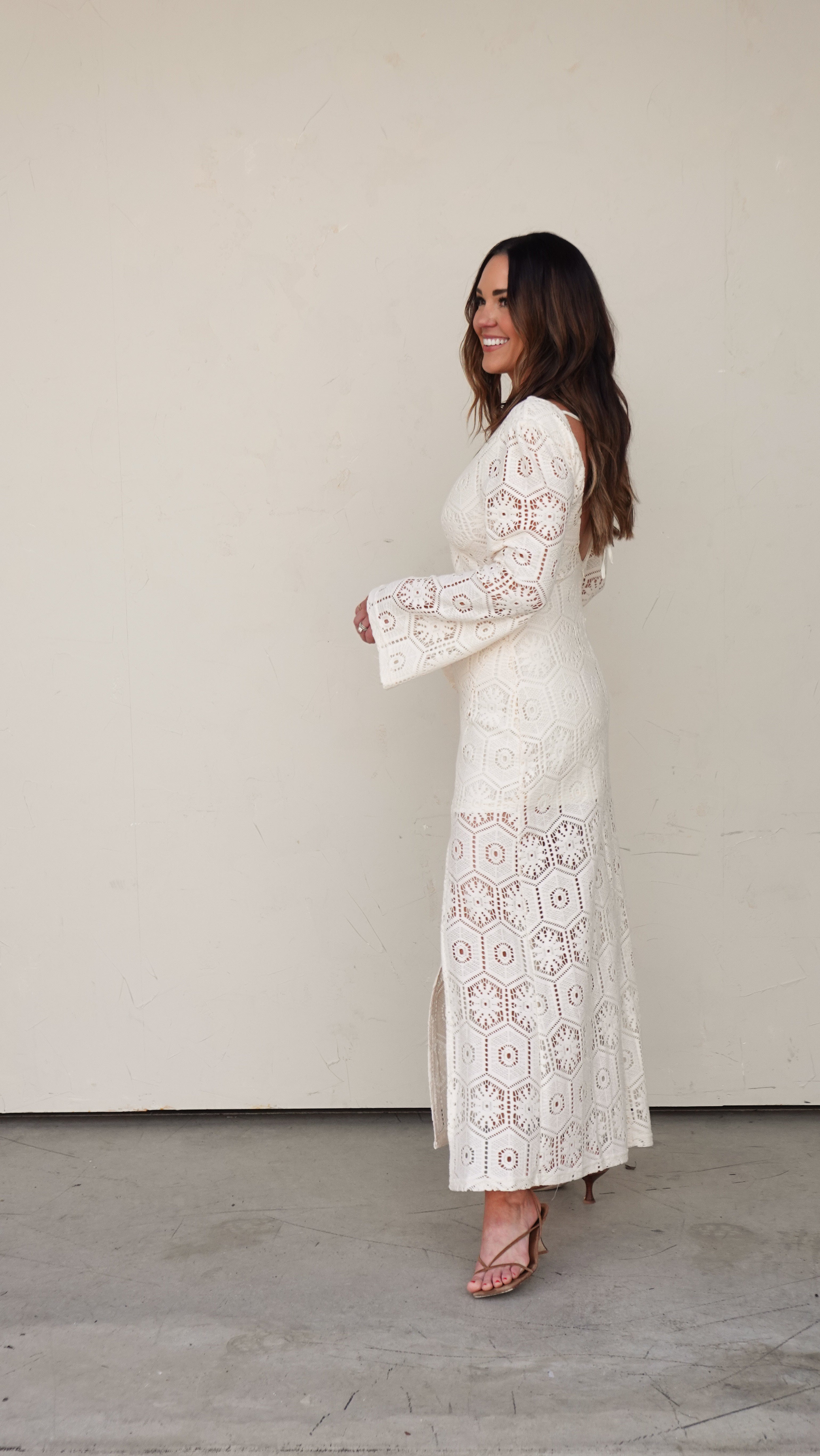 white crochet long sleeve midi dress Crochet Fit and Flare Long Sleeve Midi Dress White / S