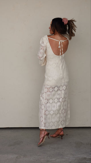 crochet dress maxi long sleeve SNDYS x REVOLVE Long Sleeve Crochet Maxi Dress in Tan Shimmer