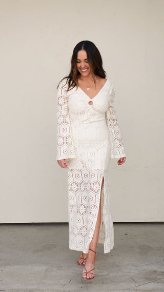 Ivory Crochet Long-Sleeve Maxi Dress