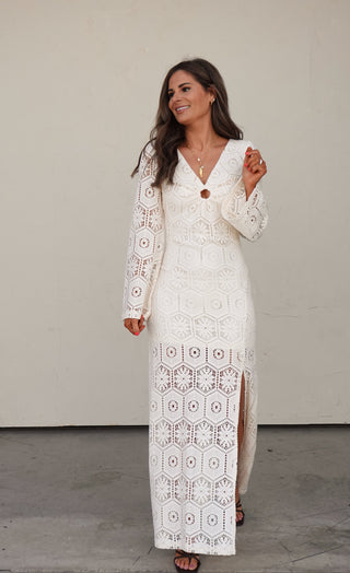 Ivory Crochet Long-Sleeve Maxi Dress - | COCO The Shop Medium Ivory Crochet Long-Sleeve Maxi Dress - | COCO The Shop Medium