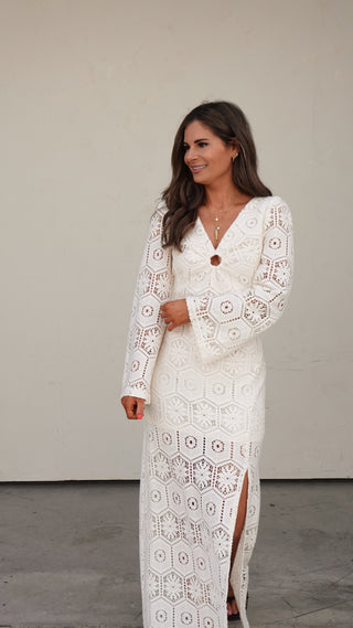 Ivory Crochet Long-Sleeve Maxi Dress