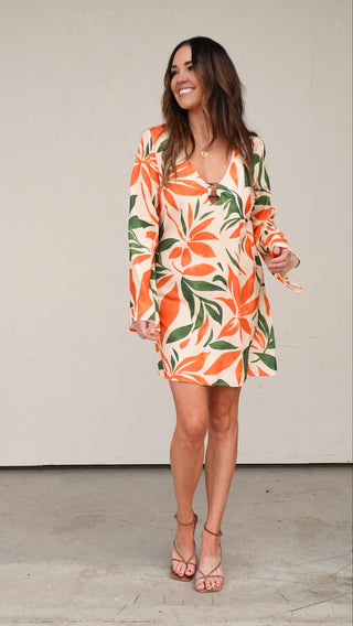 Orange/Green Botanical Long Sleeve Dress