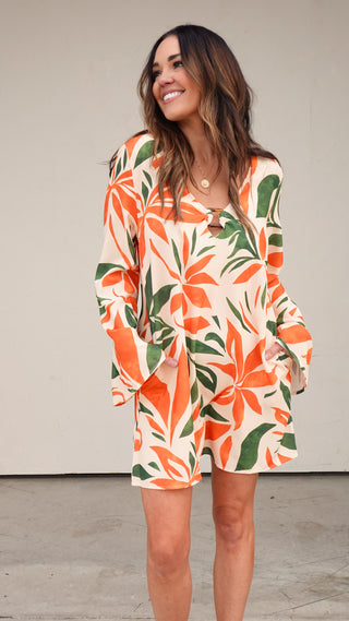 Orange/Green Botanical Long Sleeve Dress