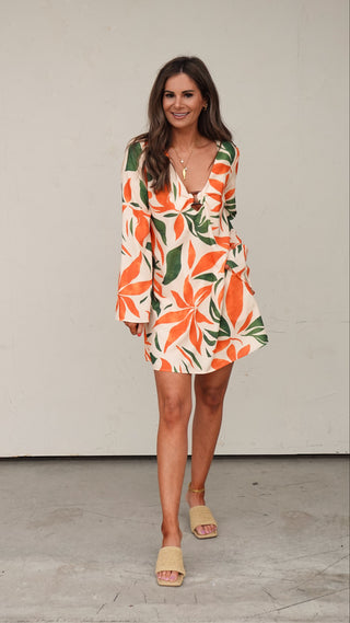 Orange/Green Botanical Long Sleeve Dress